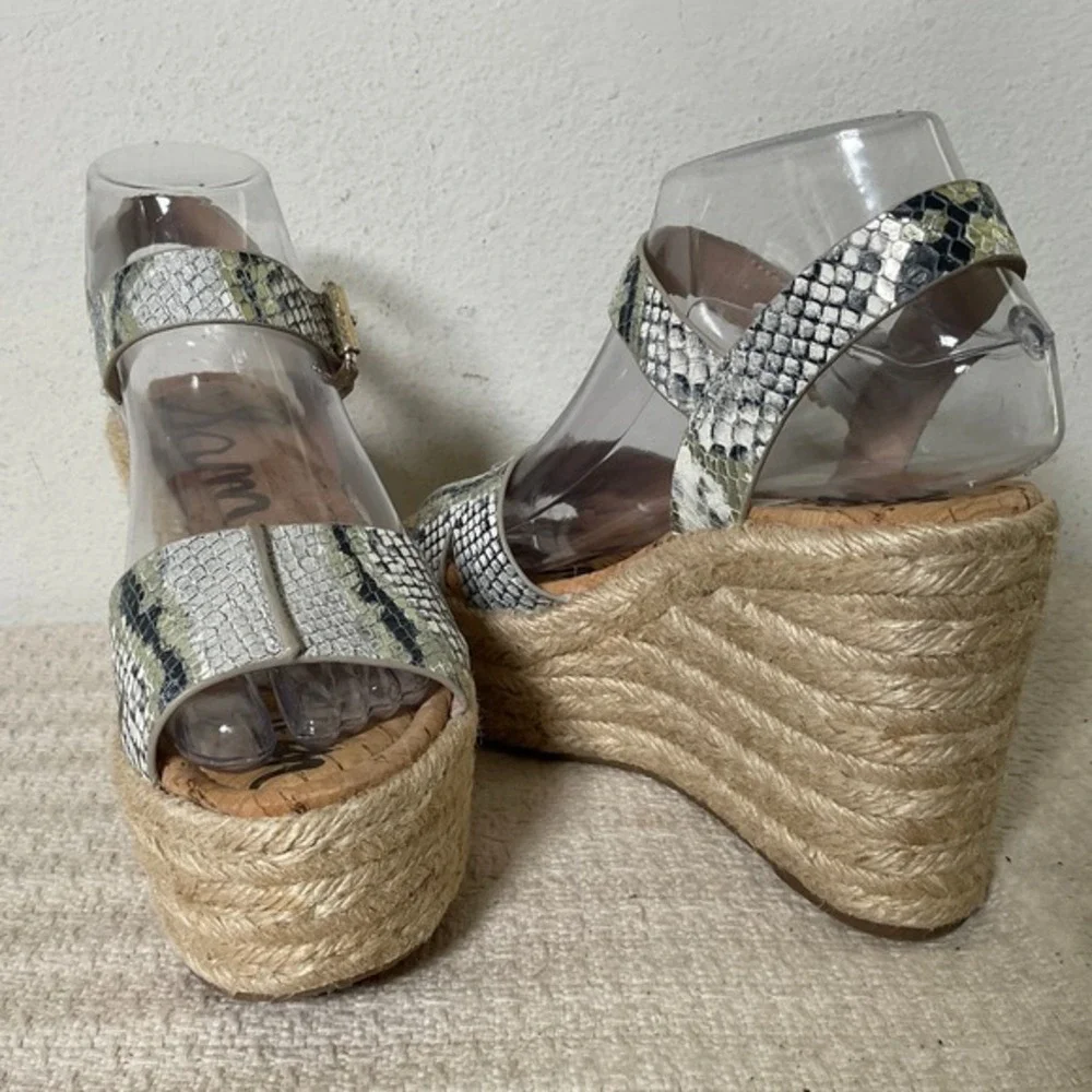 Sam‎ Edelman Maura Snakeskin Platform Wedge Espadrille Sandals White Black 6M